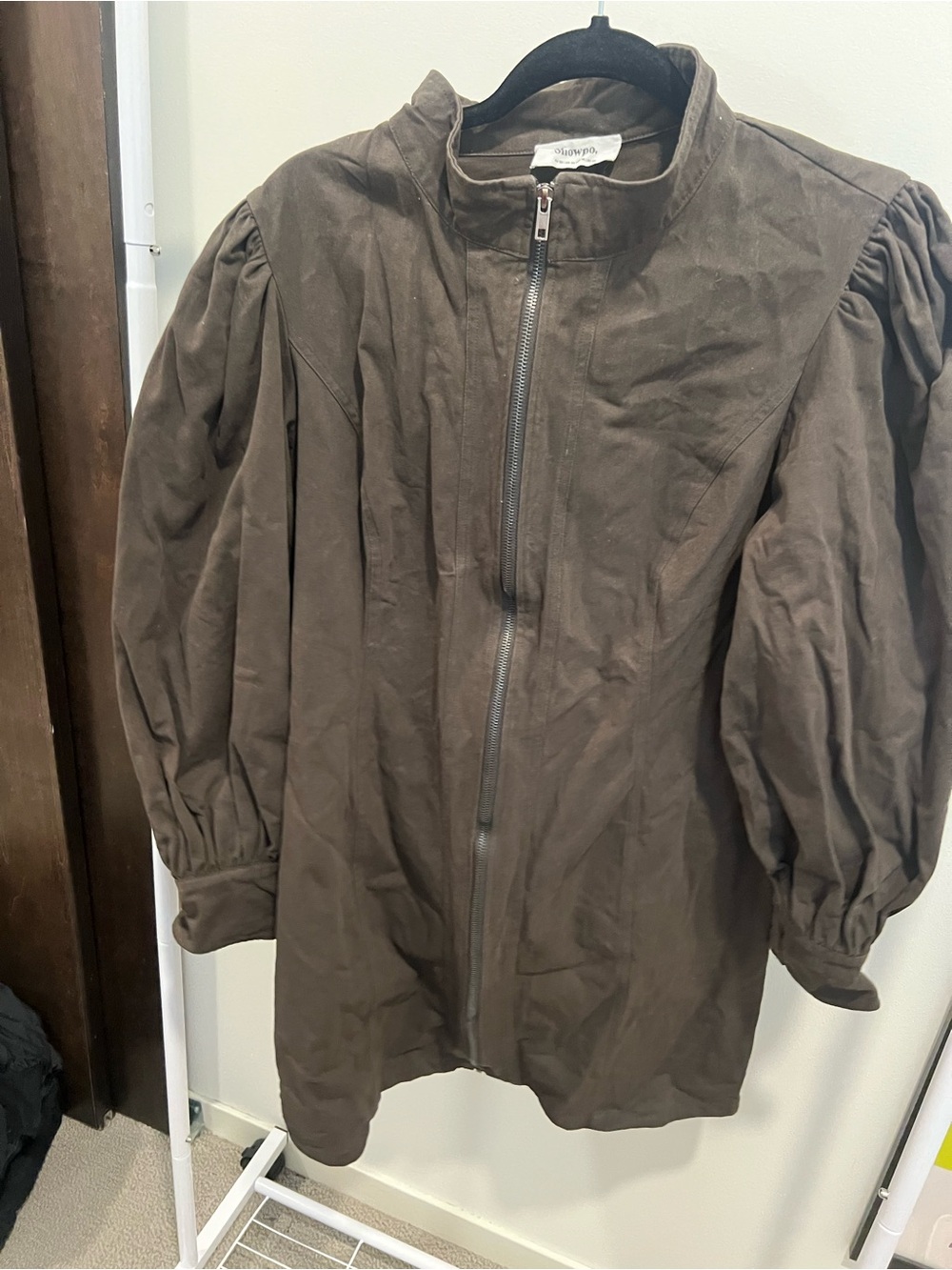 Showpo Army Green Puff Sleeve Zip Front Dress